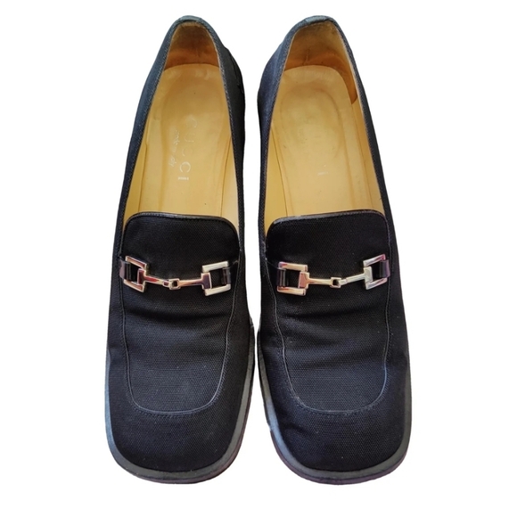 Gucci Horsebit Heeled Loafer Womens Size 5 1/2  B Black Square Toe Leather - Picture 1 of 16